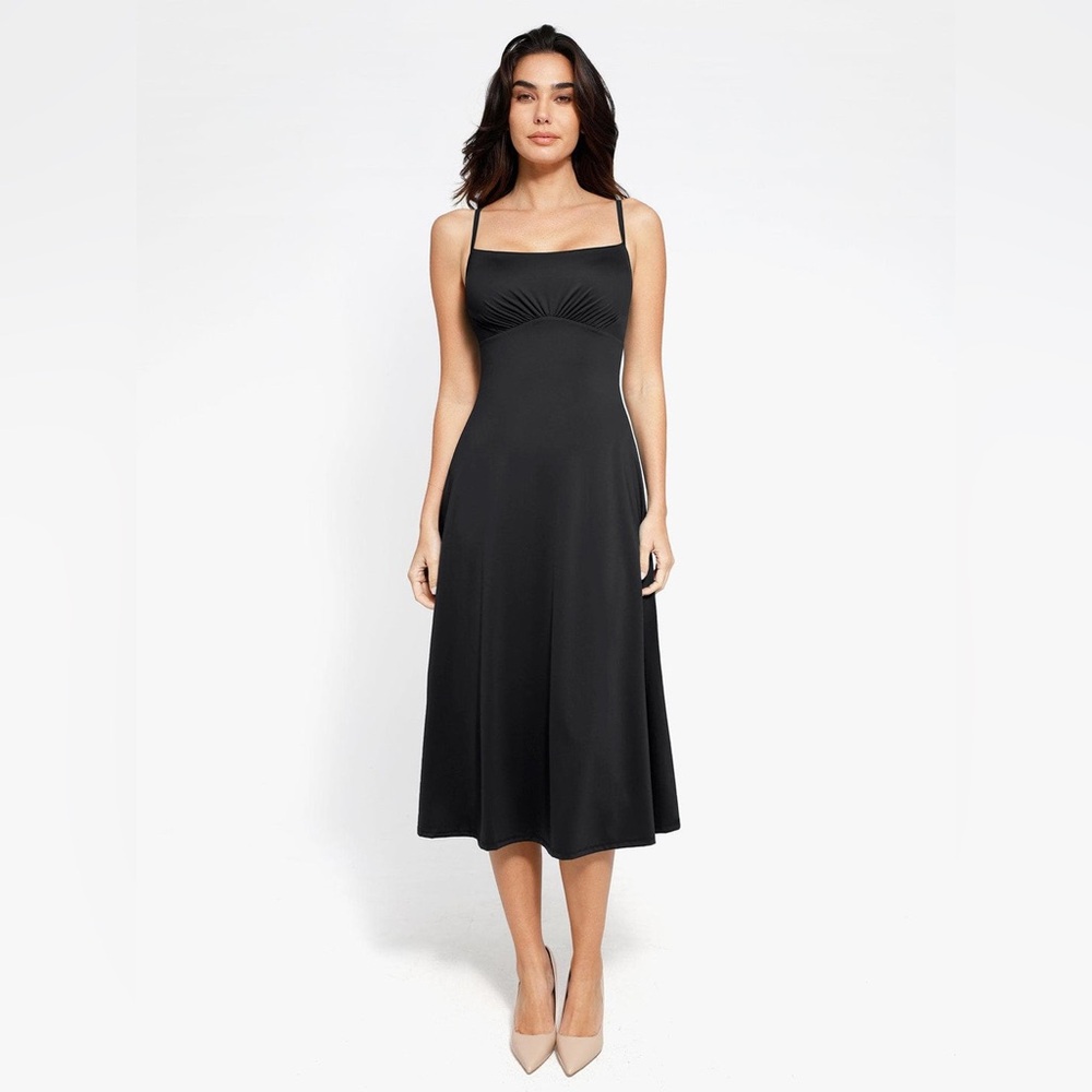 NWT Black Popilush Shapewear Built-In Tummy Control A-Line Midi Dress